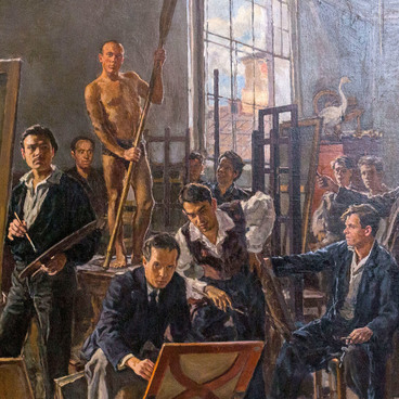 Профессор И.И. Бродский в мастерской с учениками